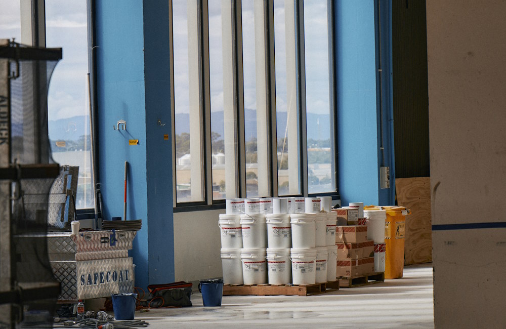 Paint buckets inside the precinct during fit-out